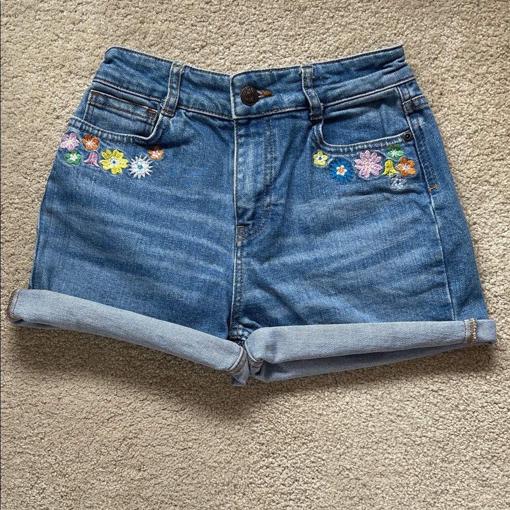 Girls Mini Boden Denim Roll-Cuff Shorts with Floral Embroidery - Blue